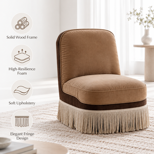 Fauteuil d'appoint moderne en tissu VB avec jupe à franges, structure en bois massif, chaise longue rembourrée en mousse haute résilience pour salon - Product Image 5