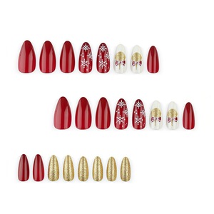 24 Uñas Postizas de Navidad Estilo Ins, con Diseño de Almendra, Copo de Nieve Rojo y Brillo Dorado, Removibles, para Salón, DIY y Fiestas - Product Image 3