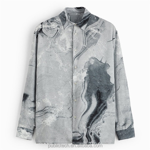 Custom High Quality 100% <b>Viscose</b> Long Sleeves Breathable Light Casual Ink and Water Landscape Print Shirt for Men - Product Image 5