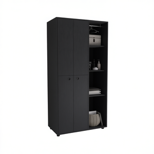 Armoire à double porte Misuri Armoire avec tringles de suspension et étagères ouvertes Couleur noire - Product Image 1
