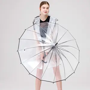 핫 스타일 투명 우산 POE 16 갈비뼈 방풍 우산 긴 손잡이 명확한 웨딩 파라솔 웨딩 우산 커플