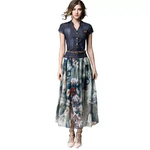 2023 Summer New European and American Women's Dress Denim Print V-Neck Slim Fit Medium Length Dress