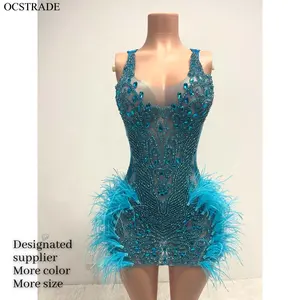 Ocstrade Bling Mini Dresses Club Party Luxury Handmade Custom Sexy Light Blue Birthday Dress For Women Rhinestone With Feathers