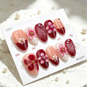30 Uñas Postizas Cortas en Forma de Almendra, Otoño Invierno, Elegantes, Francesas, Dulces, con Flores 3D y Pedrería, Puntas de Uñas Postizas - Product Image 4