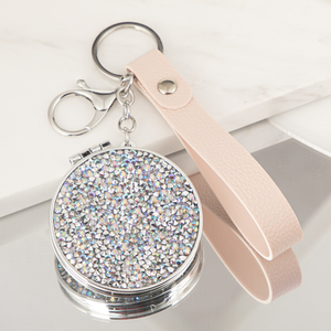 Bling Rhinestone Round <b>Compact</b> <b>Mirror</b> Keychain Leather Strap Silver Electroplated Dual Sided HD Glass Pocket <b>Mirror</b> Gift - Product Image 3