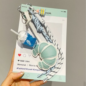 음식 모양 열쇠고리 팬던트 땋은 끈 가방 참 장식 귀여운 PU 가죽 크루아상 말차 밀크티 컵 키체인 - Product Image 4