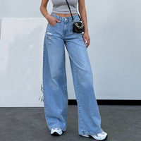 Jean en denim taille haute pour femme, coupe large, délavé clair, avec ceinture, style streetwear, qualité supérieure, coupe boyfriend ample