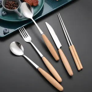 Sendok dan garpu pisau berkemah perjalanan gagang kayu baja tahan karat Set sumpit Harga Bagus dengan kotak sendok kayu set alat makan