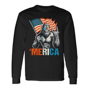 T-shirt a maniche lunghe Bigfoot Merica Rock Usa con bandiera americana del 4 luglio - Product Image 1