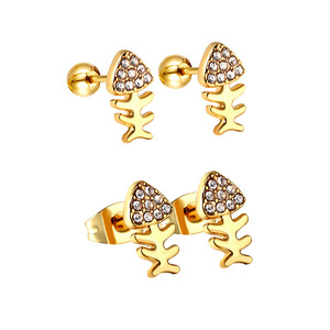 Boucles d'oreilles clous en forme d'arête de poisson avec incrustation de strass en acier inoxydable couleur or et argent, bijoux de mode - Product Image 4