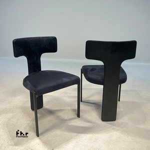 Contemporary Artistic T-Back <b>Dining</b> Chair Dark Blue Velvet Black Frame for Commercial Villa - Product Image 5