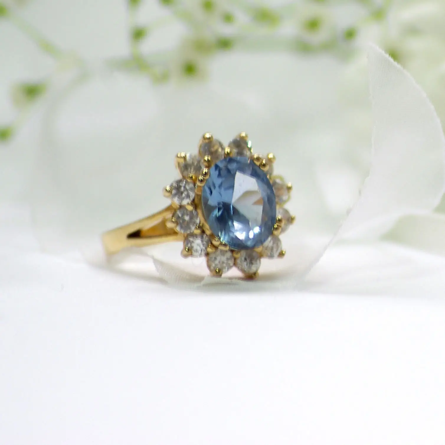 Cincin Halo pernyataan safir biru muda emas kuning 18k perhiasan halus putri janji pertunangan asli antik