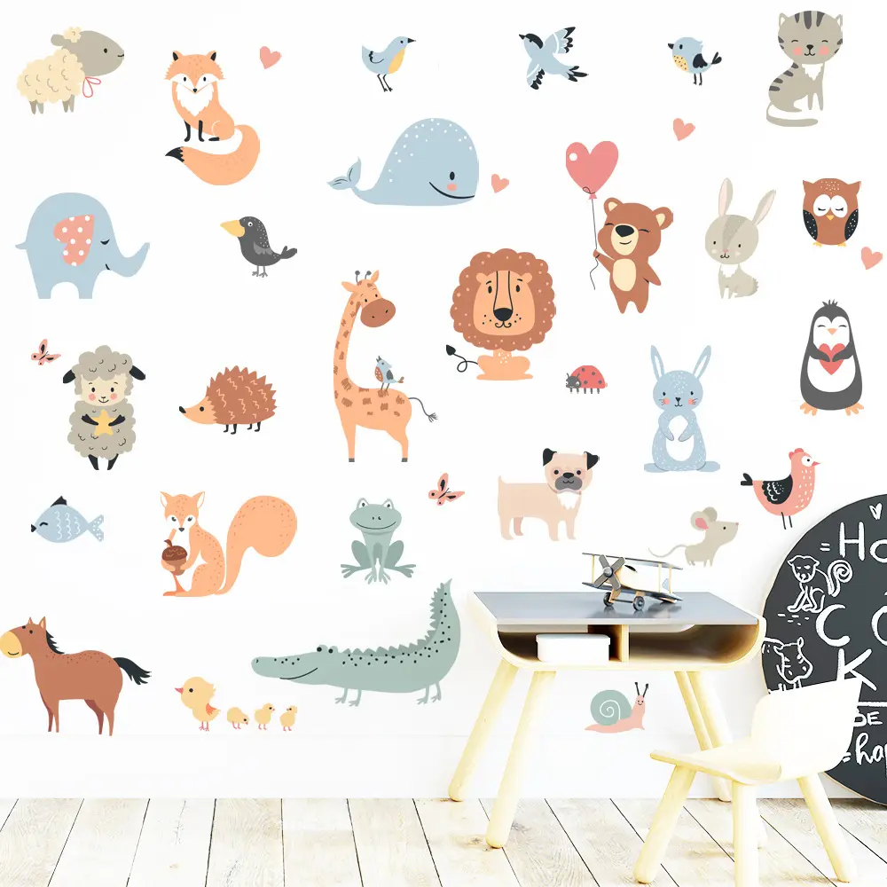 Decoração de adesivos de parede para berçário infantil com alfabeto removível para quarto de bebê com animais