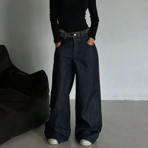 Jeans en denim pour femmes, style baggy à jambe large, décontracté, motif uni, coupe droite, coupe ample, type Raw Selvage, jeans japonais - Product Image 1