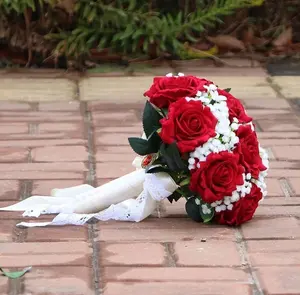 באיכות גבוהה בעבודת יד חתונה אדום עלה פרח מלאכותי פרחים מחזיקים כלה חתונה זר