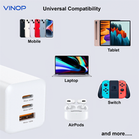 Chargeur rapide GaN Tech 65W à vente rapide avec 2 ports USB-C et 1 port USB-A, prise US, pour iPhone et Samsung