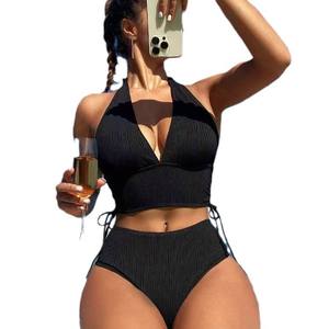 Conjunto de <span class=keywords><strong>Bikini</strong></span> de Dos Piezas de Cintura Alta para Mujer, Traje de Baño con Espalda Descubierta, Color Sólido, Traje de Baño Moderno 2025 - Product Image 3