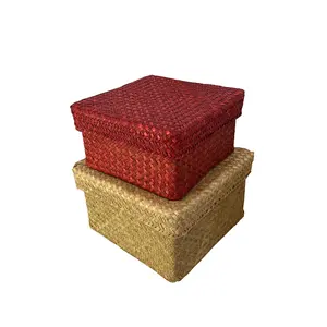 Square braided box with lid gift box desktop sea grass water based paint with lid box Christmas festival rattan storage basket