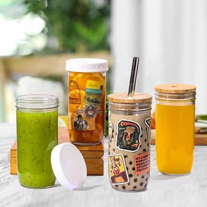 Herbruikbare glazen Mason <span class=keywords><strong>Jar</strong></span> beker met milieuvriendelijk bamboe deksel en gouden metalen rietje voor ijskoffie, bubble tea, smoothie, groothandel - Product Image 5