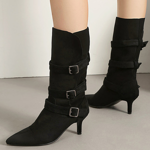 Botines de tacón alto de ante con punta en pico y hebillas para mujer, de media pantorrilla, ajuste ancho, talla grande 46 - Product Image 4