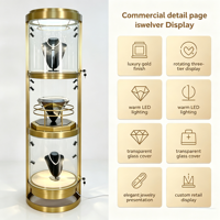 Vitrine rotative ronde en métal doré pour bijoux, présentoir en verre verrouillable à 3 niveaux avec éclairage LED pour la vente au détail de bijoux et de montres