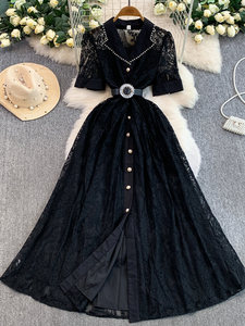 Abito Elegante in <span class=keywords><strong>Pizzo</strong></span> Stile Francese con Colletto, Vestito Basico da Donna Primavera Autunno con Fibbia <span class=keywords><strong>di</strong></span> Perle in Vita, Gonna Lunga Elegante - Product Image 3