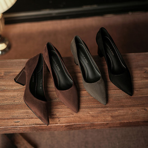 Escarpins en daim 7777C à bout pointu et talon carré, chaussures de bureau à talon haut pour femme, couleur unie, tendance mode - Product Image 2