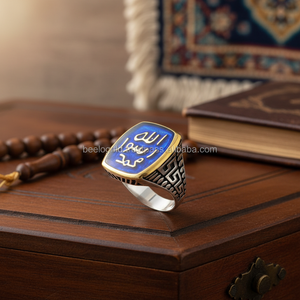 925K Sterling Silver Blue Enamel Art Allah Rasul Muhammad <b>Men</b> <b>Ring</b> - Product Image 3