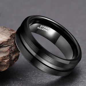 2023 Nova Moda Mens Wedding Band 8mm Preto Bordas Chanfradas 857 Anéis De Tungstênio Groove Escovado Anel de... - Product Image 4