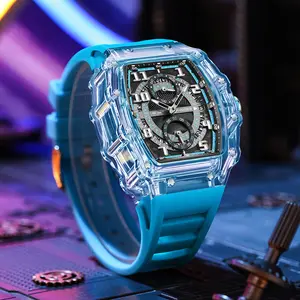 Jam tangan kuarsa transparan desain baru 2024 jam tangan Fashion pria kedap air olahraga Tonneau persegi panjang biru putih