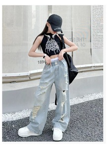 กางเกงยีนส์เดนิมขากว้างสำหรับเด็กผู้หญิงสไตล์อเมริกันวินเทจประดับเพชรพลอยน้ำหนักเบาสำหรับวัยรุ่นและเด็กโต - Product Image 6