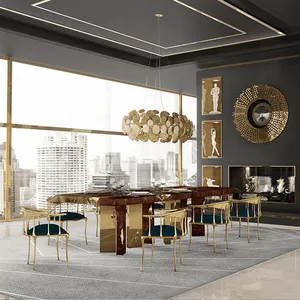 مصنع التخصيص عالية جودة عالية الفاخرة كبيرة 10 12 مقاعد الحديثة الذهب الفولاذ المقاوم للصدأ طاولة طعام خشبية والكراسي