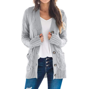 Cardigan da donna oversize casual autunnale a maniche lunghe in maglia a trecce con bottoni, modello ampio e aperto sul davanti, all'ingrosso - Product Image 1