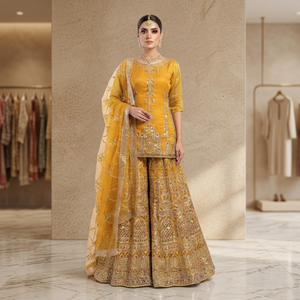 Salwar Kameez de Seda Amarillo Bordado, Vestido de Novia Tradicional para Mujer, Largo hasta el Suelo, Listo para Usar, Estilo India Pakistán - Product Image 3