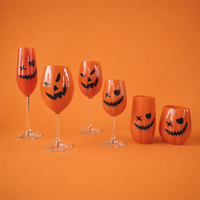 Verre à vin en verre soufflé à la main, motif citrouille peinte à la main pour Halloween, orange côtelé, pour décoration de fête, personnalisable