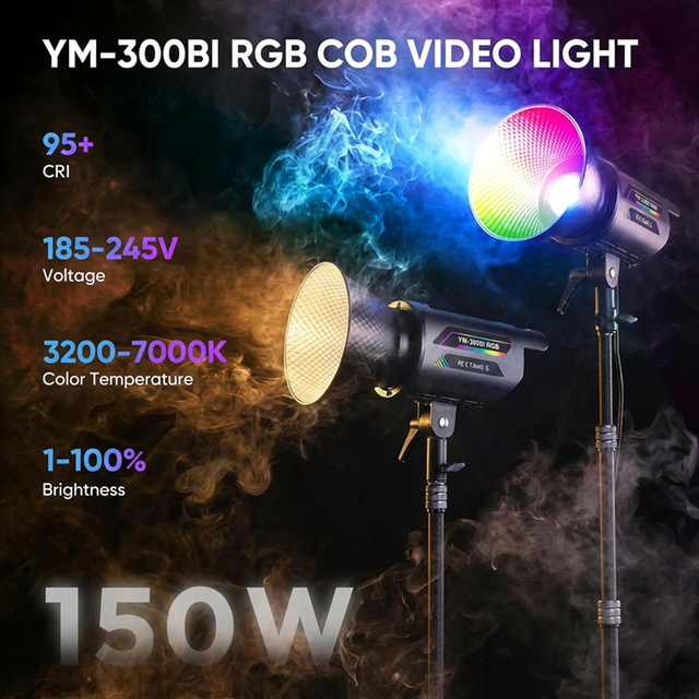 YM-300Bi RGB 150W COB Video Light 3200-7000K Adjustable Color Temperature Remote RGB Fill Light for Studio Video Shooting