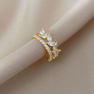 Anillo de Boda de Acero Inoxidable con Circonitas, Anillo Abierto Brillante Chapado en Oro de 18k, Estilo Lujoso para Mujer - Product Image 4