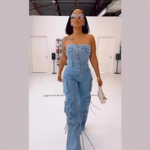 Tuta in denim sexy da <span class=keywords><strong>donna</strong></span> con top a tubino, multitasche e multibottoni, stile cowboy, per il commercio estero - Product Image 3