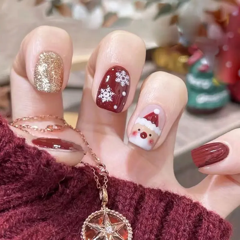 Christmas Press on Nails Medium Square Fake Nails,Christmas Tree Designs Full Cover Acrylic Artificial Nails