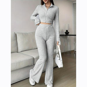 IStapromo Gifts Fashion Solid Color Rib Two-Piece Zipper Long Sleeve Short Top High Waist Flared Pants Suit <b>Women</b> Casual - Product Image 1