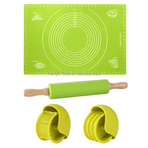 MANJIA Silicone Kneading Pad Rolling Pin Scale Noodle Knife Pastry Wheel Decorator and Cutter Beautiful Pie Crust Set Baking Mat