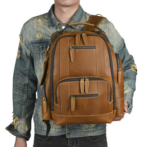 Crazy Horse Leather <b>Backpack</b> Men Large Capacity Retro Genuine Leather Travel <b>Backpack</b> Dark <b>Brown</b> Light <b>Brown</b> - Product Image 2