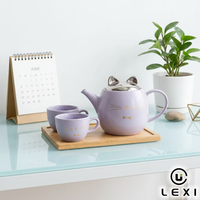 Service à thé en céramique avec visage de chat mignon et moustaches dorées pour le thé de l'après-midi, idéal pour la maison, la cuisine, la table, ou comme idée cadeau.