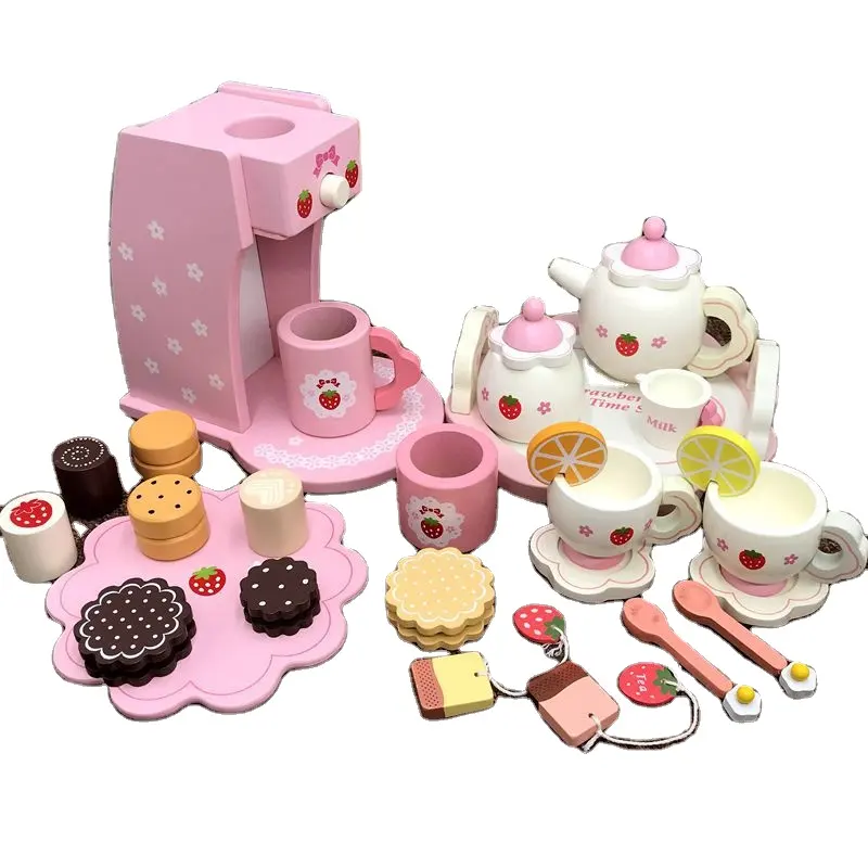 Happy Cut Toy Coffee Maker + Tea Set Play House Little Princess Toy Girl Birthday Simulation Cake Toy Caja de color de madera caliente RM