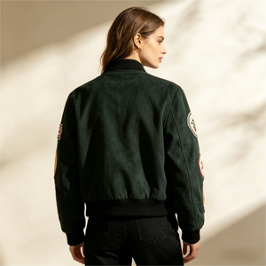 Custom <strong>Vintage</strong> Motorsport <strong>Women's</strong> Green Floral Suede Bomber <strong>Jacket</strong> with Embroidery Reversible Eco-Friendly Autumn Varsity <strong>Jacket</strong> - Product Image 3