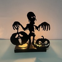 Tempat Lilin Siluet Besi Halloween, Ornamen Meja Tengkorak Hantu Penyihir 3D Dekorasi Pesta Seram