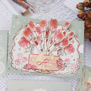 Carte de vœux surprise à estampage à chaud, motif rose vintage, pour Tanabata, la fête des pères, la Saint-Valentin, carte pop-up 3D - Product Image 3