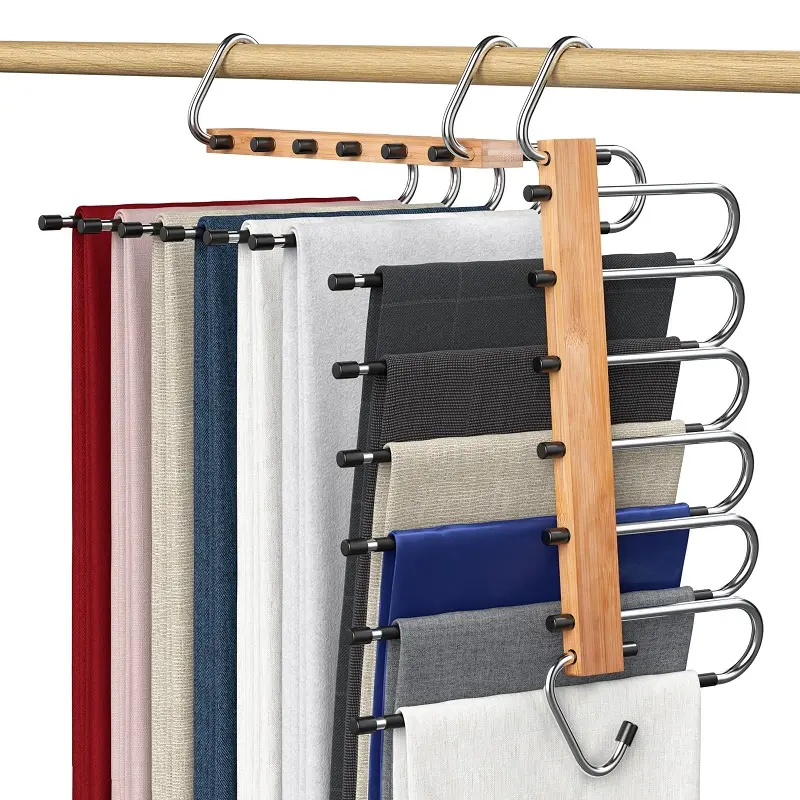 Wood Wardrobe Organizer Racks Space Saving Closet Hangers 6 Layers 2 Uses Multi Functional Pants Rack Wooden Pants Hangers