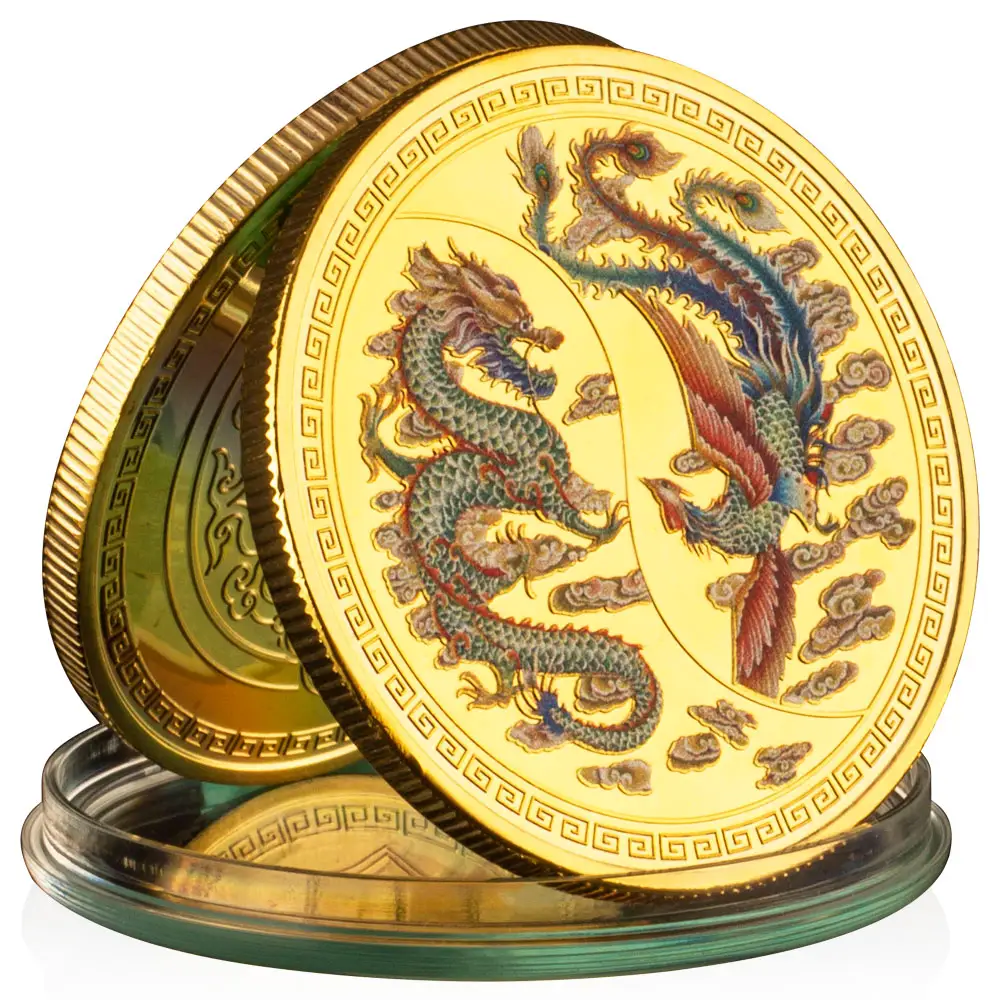 Moneta d'oro placcata con stampa a colori di monete di drago e fenice collezione regalo moneta commemorativa