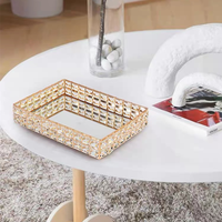 Plateau de rangement de maquillage de luxe en métal et cristal, style classique français, miroir rectangulaire doré, 35x25cm